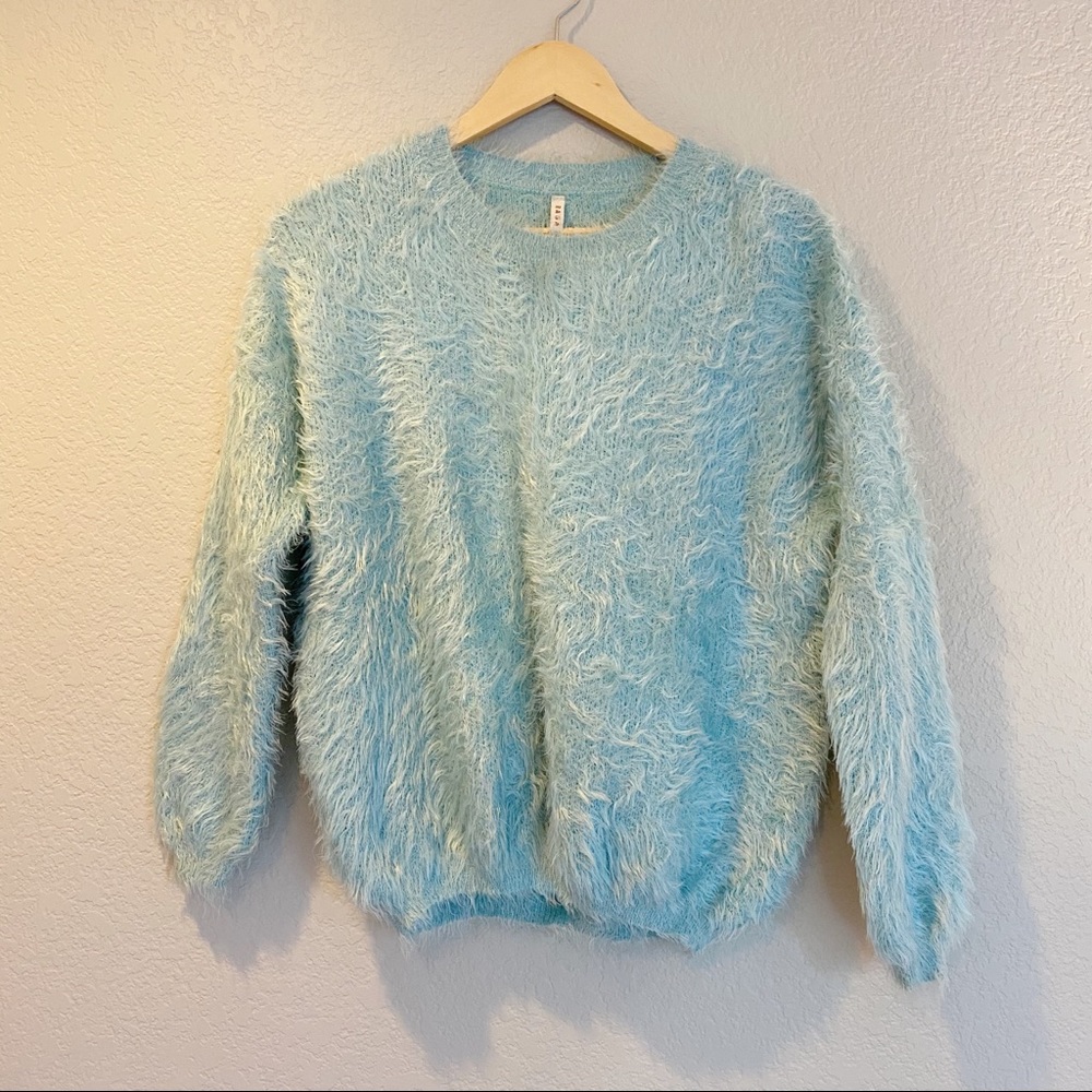 RAGA Seafoam Blue Green Super Fuzzy Soft Chenille Sweater Balloon Sleeves Small